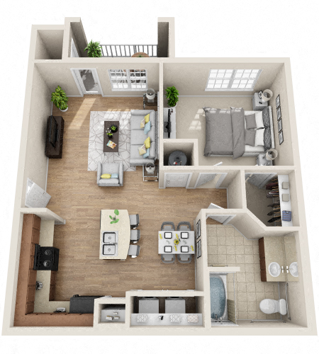 Floor plan for 1 bed, 1 bath, 784 sqft